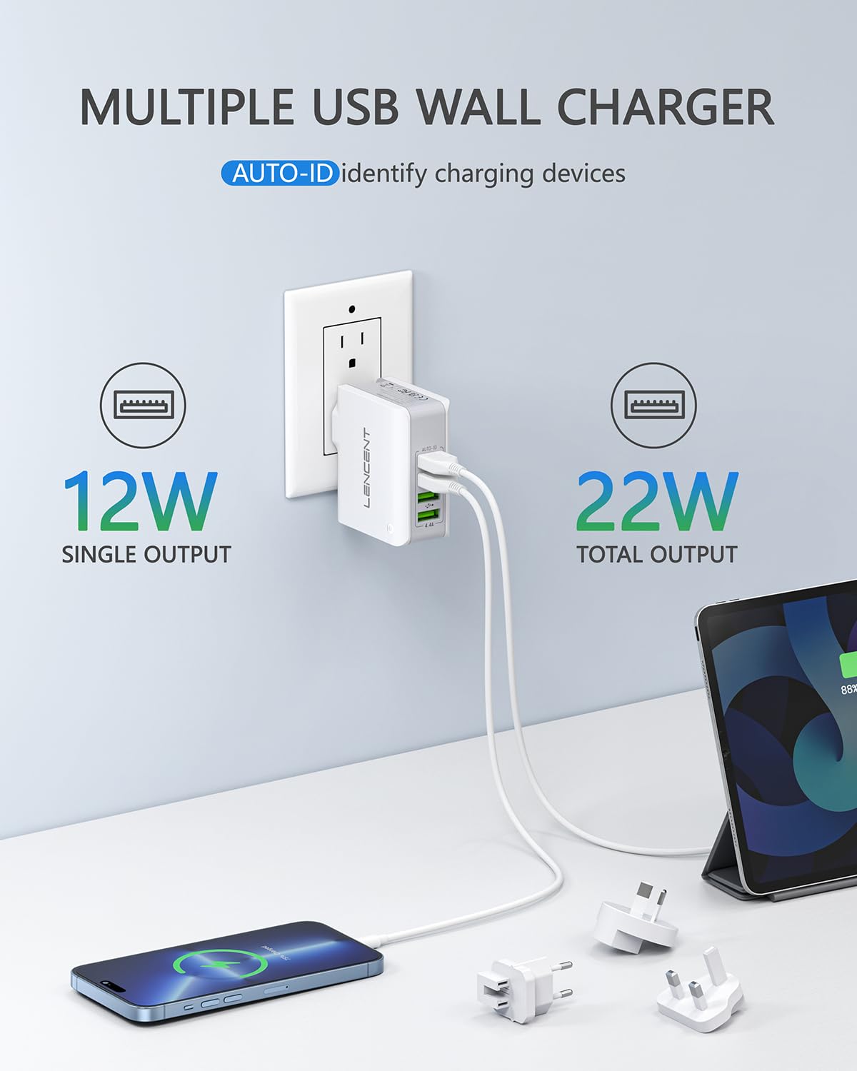 LENCENT Cargador USB, Ladron Enchufes con 4 Puertos USB, 4.4A 5V Adaptador para Viaje, Adaptador de Enchufe Universal UK/USA/EU/AUS para Phone, Celulares, Tabletas y Más
