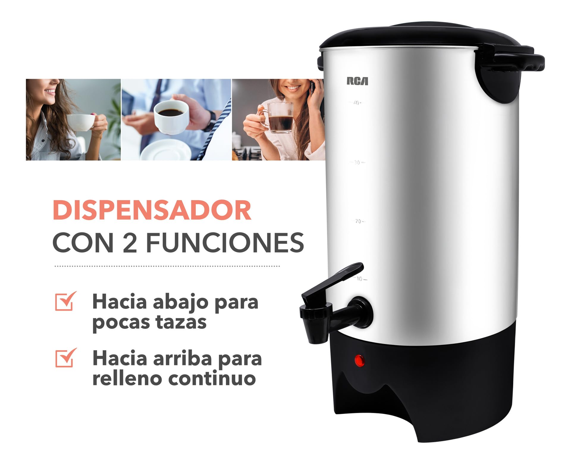 Cafetera RCA Acero Inoxidable 40 Tazas con Tapa con Bloqueo y Sistema Antigoteo para Hogar u Oficina