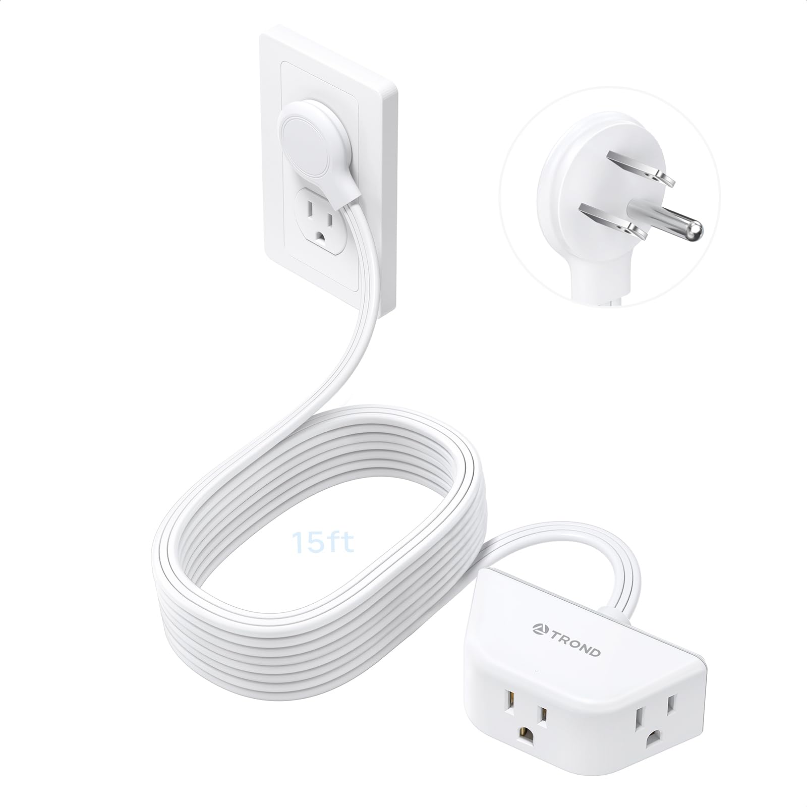 TROND Cable de extensión Largo Plano de 4,6m, regleta de Enchufe Plano de 3 Clavijas con conexión a Tierra, Cable de alimentación de Perfil Lowe de Calibre 16 para Cocina Garaje Oficina Dormitorio