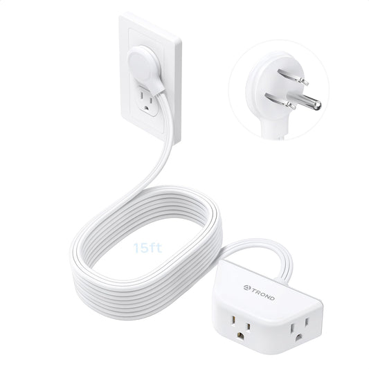 TROND Cable de extensión Largo Plano de 4,6m, regleta de Enchufe Plano de 3 Clavijas con conexión a Tierra, Cable de alimentación de Perfil Lowe de Calibre 16 para Cocina Garaje Oficina Dormitorio
