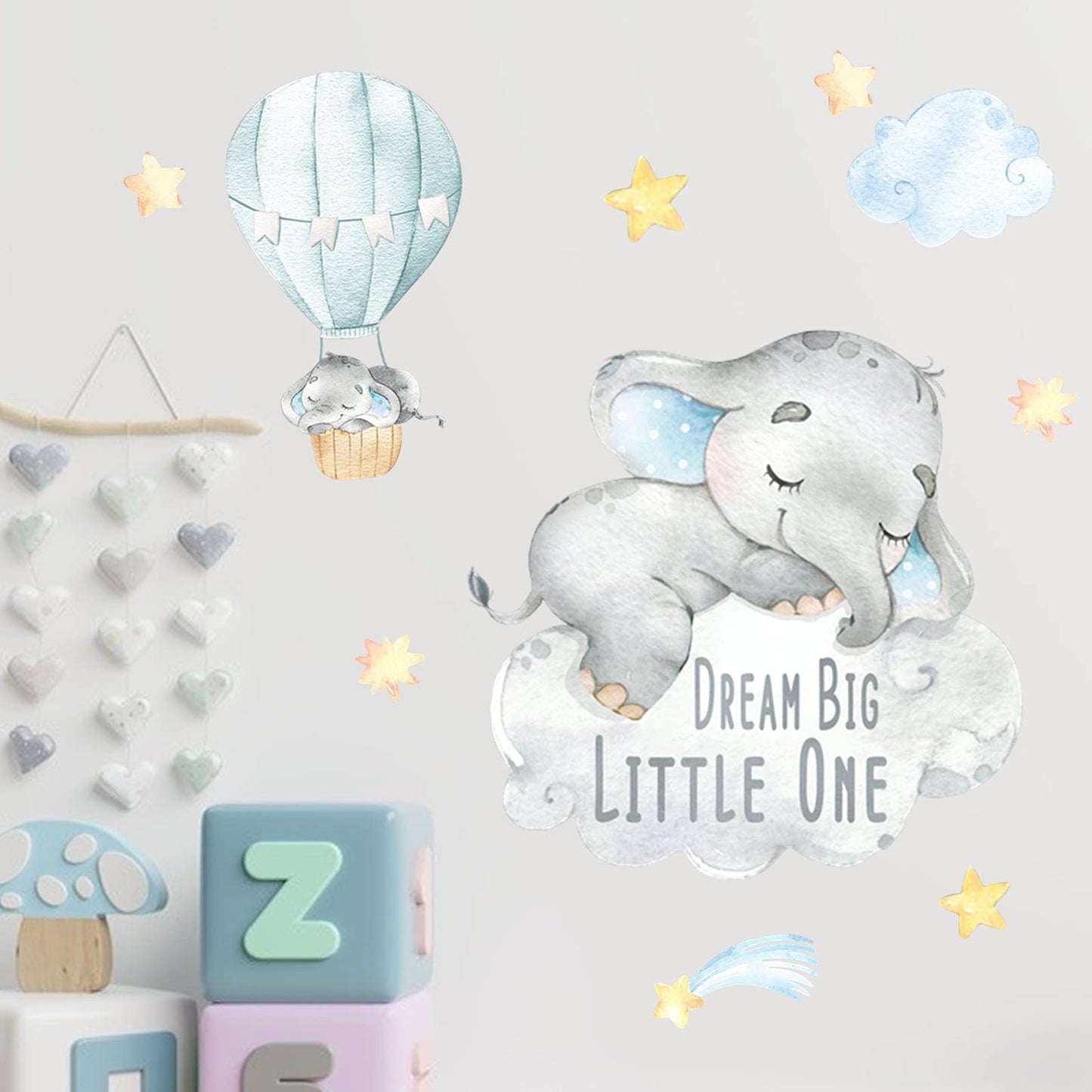 Yovkky - Calcomanías de Pared con Diseño de Elefante de Acuarela Azul, Luna y Globo de Aire Caliente, Decoración para Cuarto de Bebé, Habitación, Sala de Juegos, Vinilo Extraíble e Impermeable