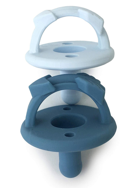 Itzy Ritzy Sweetie Soother Pacifier Set - Silicone Newborn Pacifiers with Collapsible Handle & Two Air Holes For Added Safety; Set of 2 in Light Blue & Dark Blue, Ages Newborn & Up