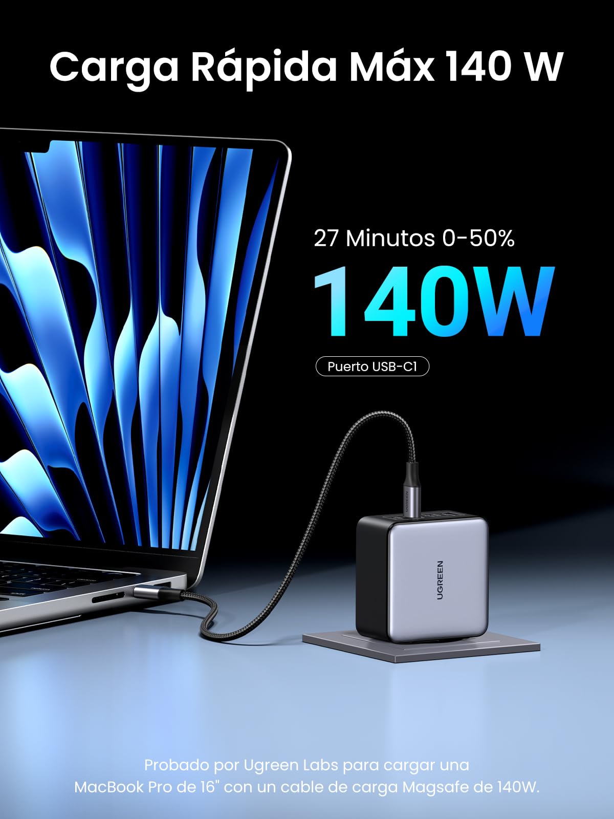 Cargador Tipo C UGREEN Nexode 160W Negro con 4 Puertos Carga Rápida para Hombre y Mujer