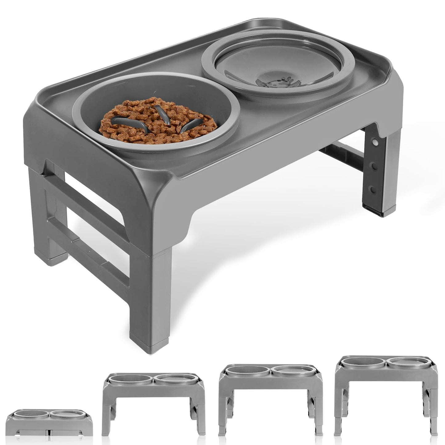 Cuencos elevados para perros, soporte elevado para cuencos para perros con alimentador lento y tazón de agua sin derrames, 4 alturas ajustables para perros grandes, medianos y pequeños (gris)