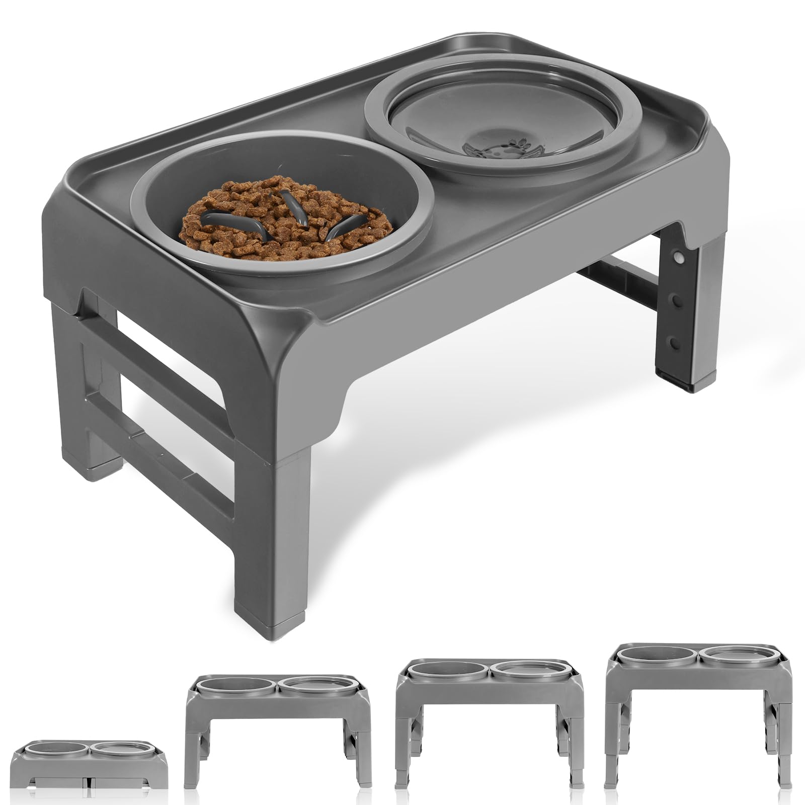 Cuencos elevados para perros, soporte elevado para cuencos para perros con alimentador lento y tazón de agua sin derrames, 4 alturas ajustables para perros grandes, medianos y pequeños (gris)