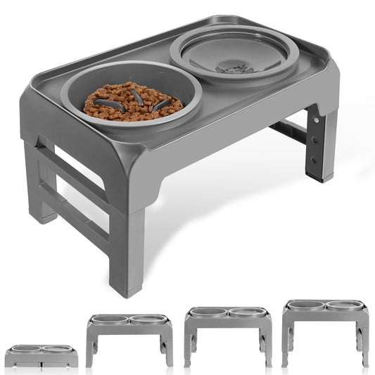 Cuencos elevados para perros, soporte elevado para cuencos para perros con alimentador lento y tazón de agua sin derrames, 4 alturas ajustables para perros grandes, medianos y pequeños (gris)