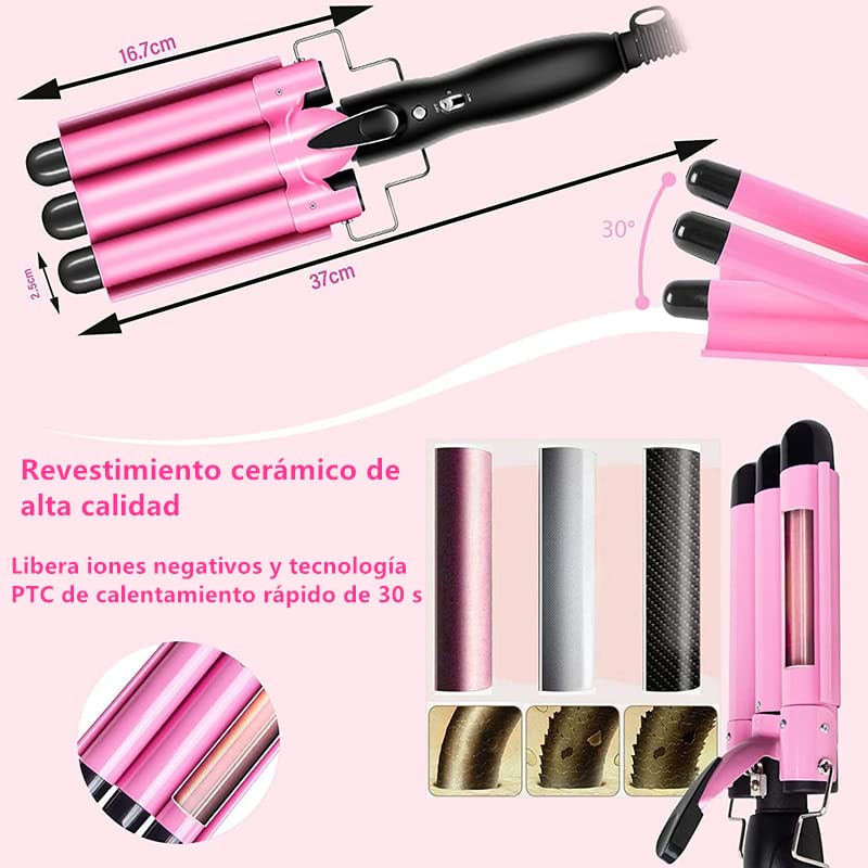 Rizador de Pelo, Ondas Cerámica con Temperatura Ajustable, Triple Tubo Rizador de Cabello de 25mm, Herramienta de Peinado Automático para Mujer Cabello Largo/Corto y Viajero Regalo (Rosado)