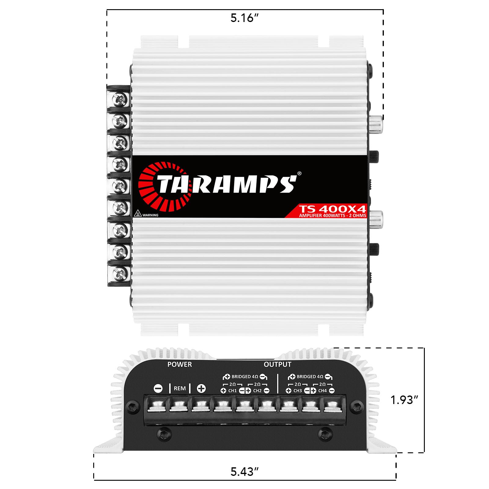 Amplificador de Audio para Coche Taramps TS 400x4 Negro con Entrada Automática de Alto Nivel 400 Vatios RMS 4 Canales Clase D Multicanal