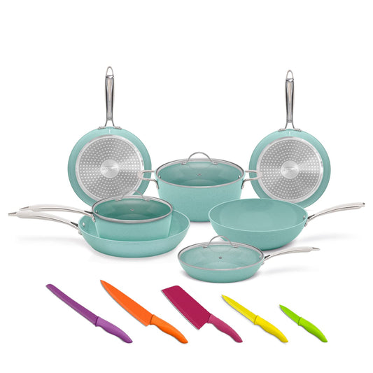 JADECOOK Paquete de lujo Batería de cocina Jade Chef® con Cuchillos profesionales Jade Cook® | Kit con 10 piezas de sartenes y ollas con 6 capas de recubrimiento antiadherente