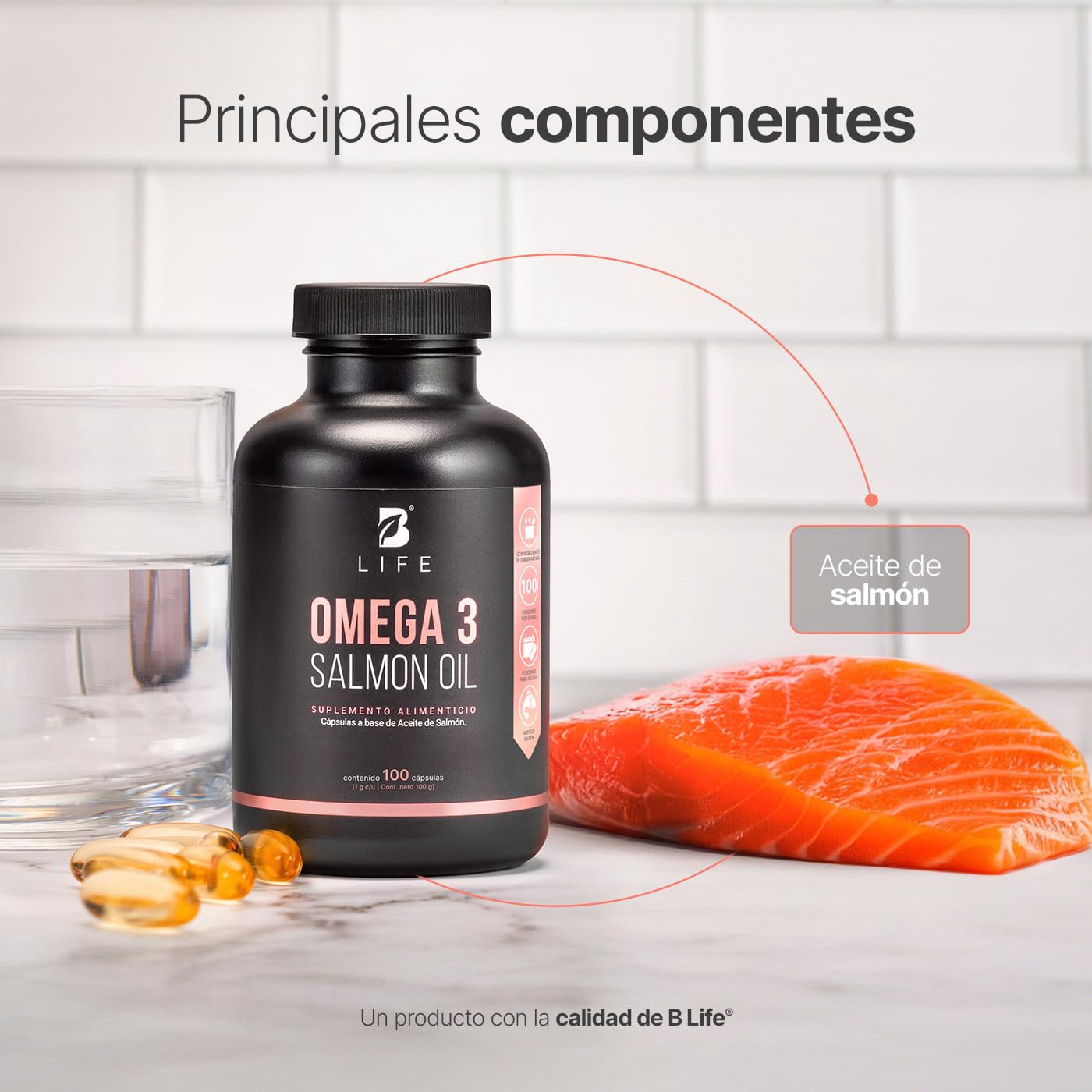 B Life Omega 3 | Aceite Puro de Salmón | 100 Cápsulas con 1000 mg por porción | EPA y DHA | Ingredientes Naturales | Omega 3 Salmon Oil.