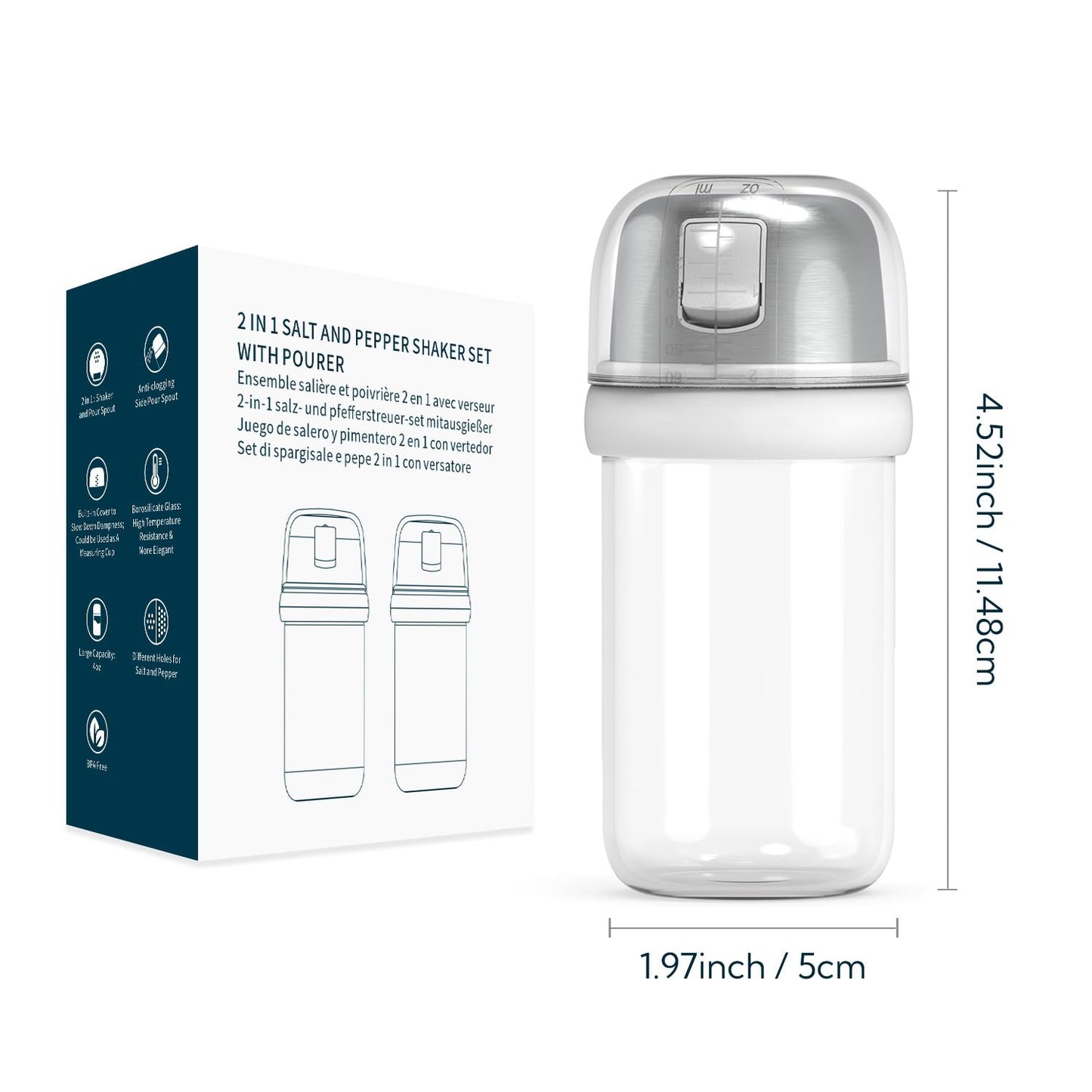 KTCHENDAO - Salero y pimienta de cristal 2 en 1 con boquilla lateral, tapa integrada para ralentizar la humedad con marcas de medición, elegante dispensador de sal de vidrio borosilicato para cocina,