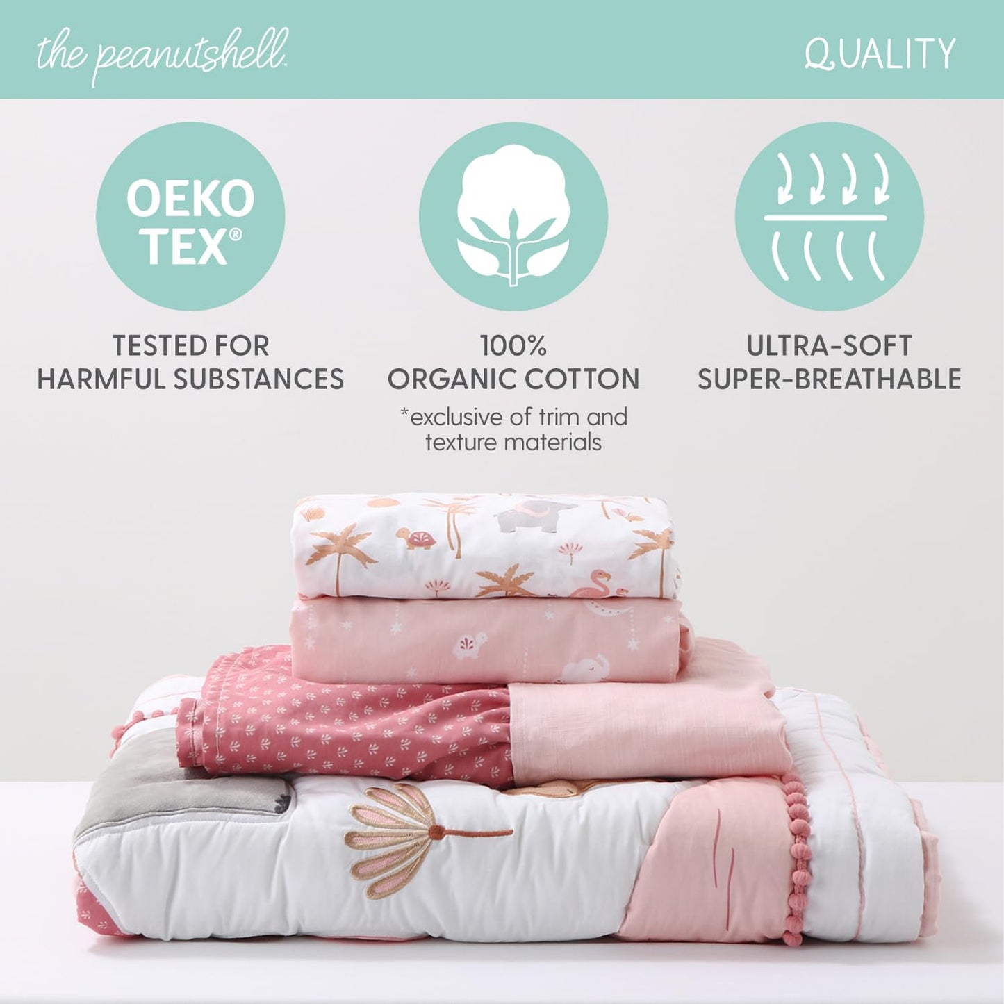 The Peanutshell - Juego de cama de 4 piezas de algodón orgánico para niñas – Juego de cama de bebé recién nacido, bebé y niño pequeño con dos sábanas de cuna, edredón con volantes y polvo – Oasis