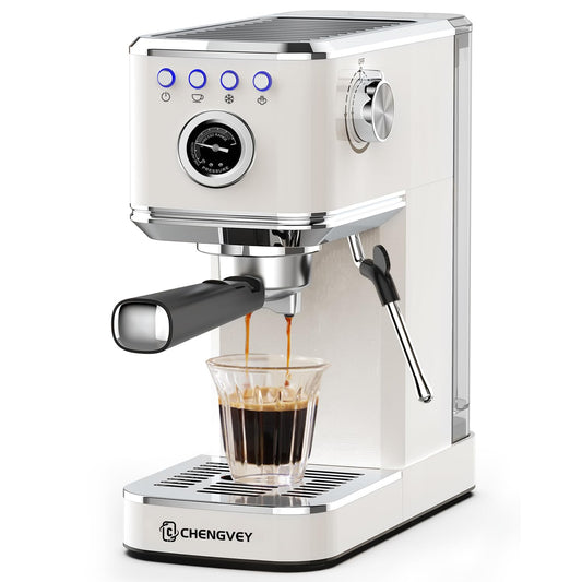 C CHENGVEY Máquina de café espresso de 20 barras, cafetera helada de acero inoxidable, cafetera profesional con espumador de leche, máquina de café compacta, regalo para papá o mamá (marfil beige)