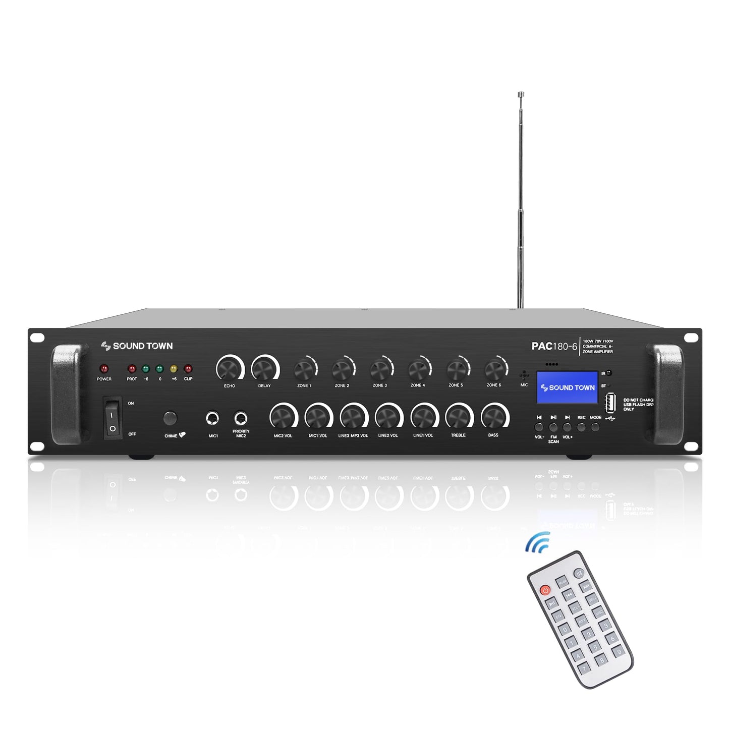 Amplificador de Potencia Comercial Sound Town 180W Aluminio Bluetooth 6-Zona para Restaurantes y Bares