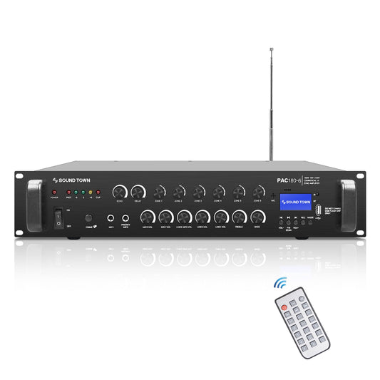 Amplificador de Potencia Comercial Sound Town 180W Aluminio Bluetooth 6-Zona para Restaurantes y Bares
