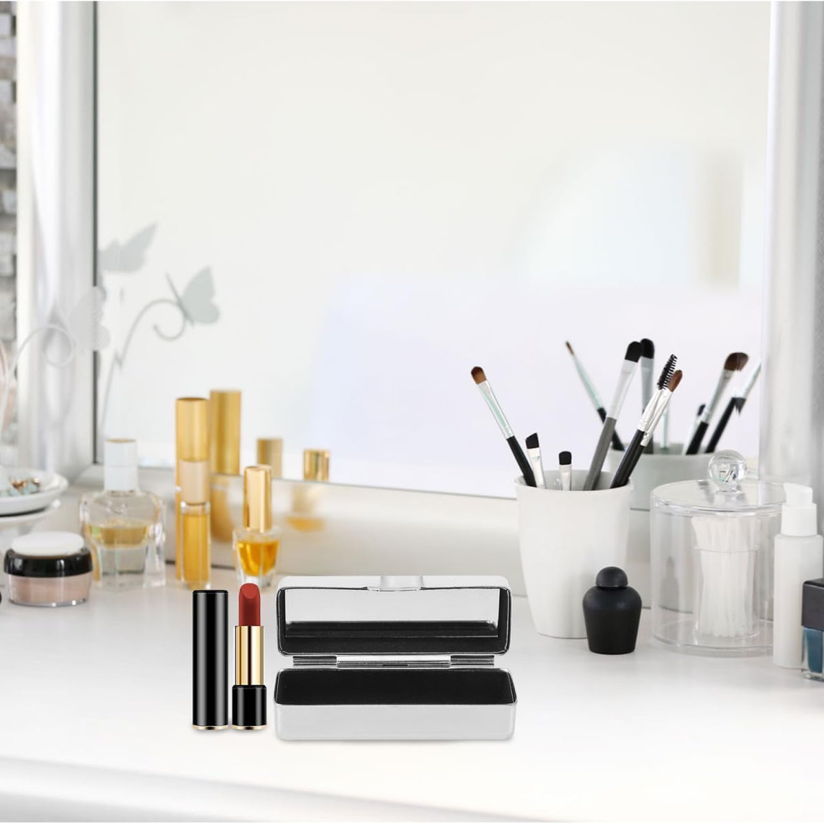 Beaupretty - Funda organizadora de lápices labiales clásico con espejo, portátil, para almacenamiento de maquillaje para brillo de labios, rodillo de aceite esencial, elegante diseño retro para viajes
