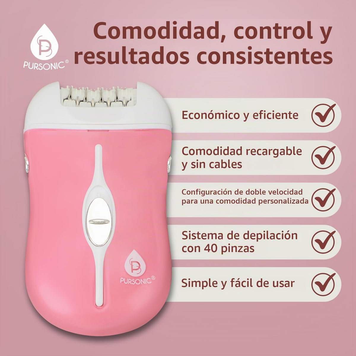 Pursonic Fe120P Two Speed Rechargeable Epilator, Pink, 0.8 Pound