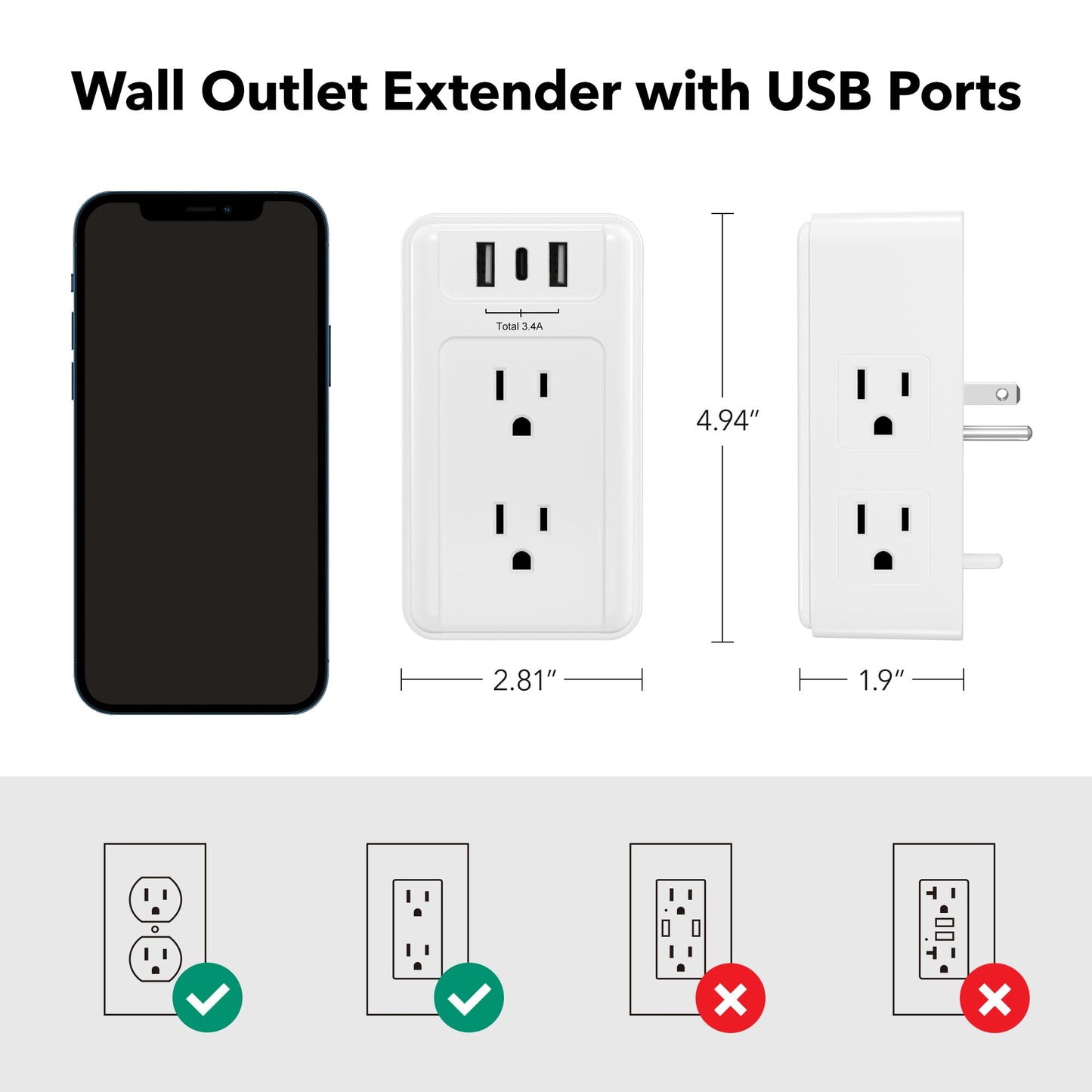 BN-LINK - Extensor de enchufe múltiple de 6 salidas de pared con 3 puertos de carga USB (1 USB C) Total 3.4A, divisor de 3 lados, enchufe de pared múltiple para hogar, oficina, recámara