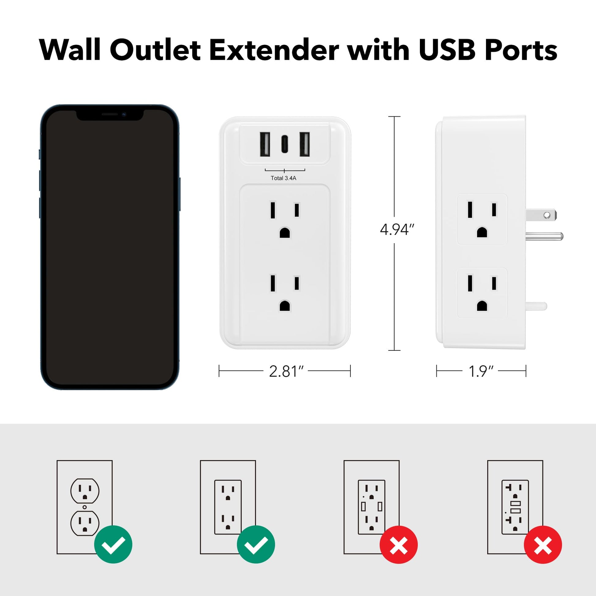 BN-LINK - Extensor de enchufe múltiple de 6 salidas de pared con 3 puertos de carga USB (1 USB C) Total 3.4A, divisor de 3 lados, enchufe de pared múltiple para hogar, oficina, recámara