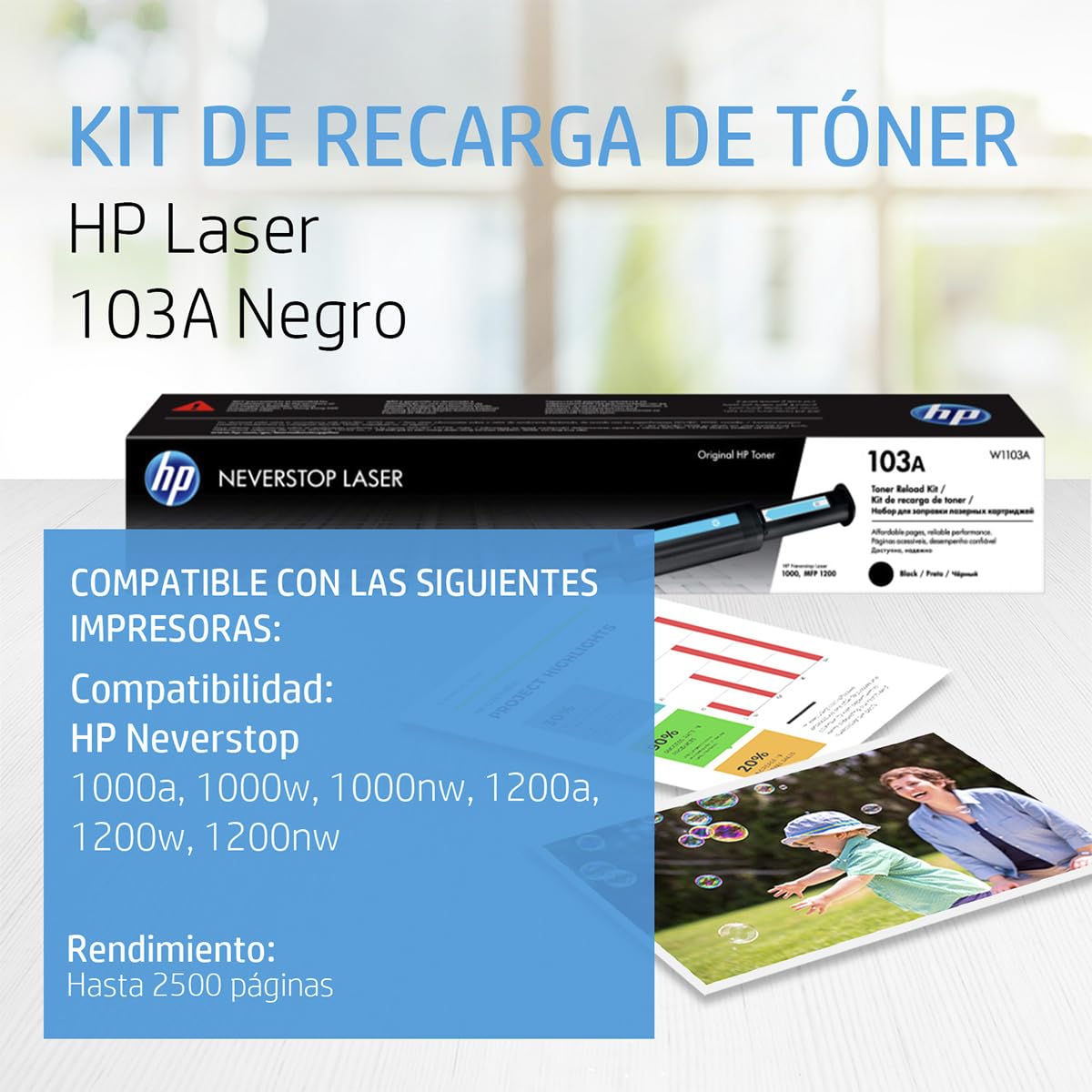 Kit de Recarga de Tóner Original HP Negro para Neverstop Laser 103A y MFP 1200 Rendimiento 2500 Páginas