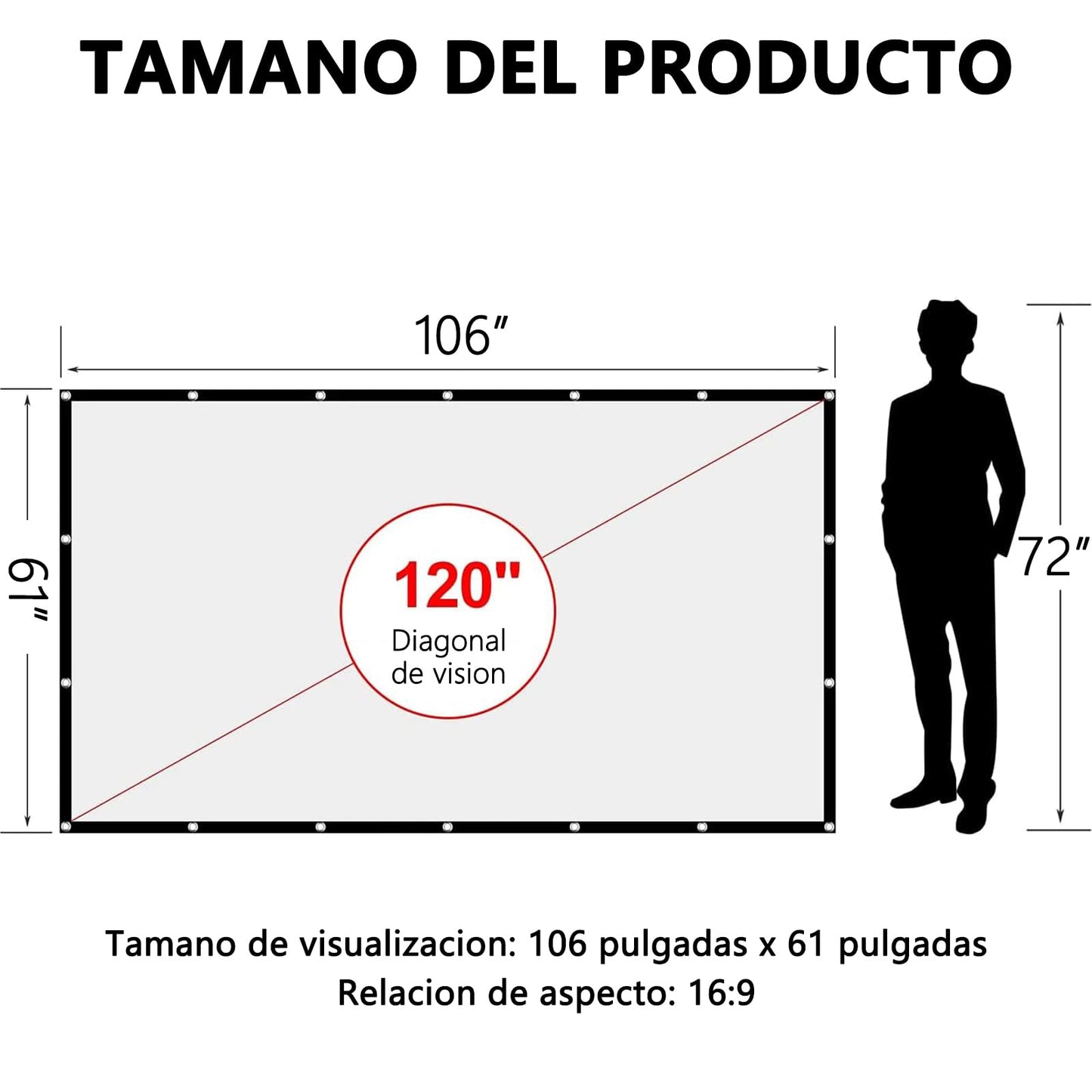 TPOUIDD Visualización de Proyector de 120 Pulgadas, 16:9 HD Pantalla de Proyector Portátil, Antiarrugas y Plegable，Adecuada para Exteriores, Interiores, Campamentos y Cine en Casa (120 Pulgadas)