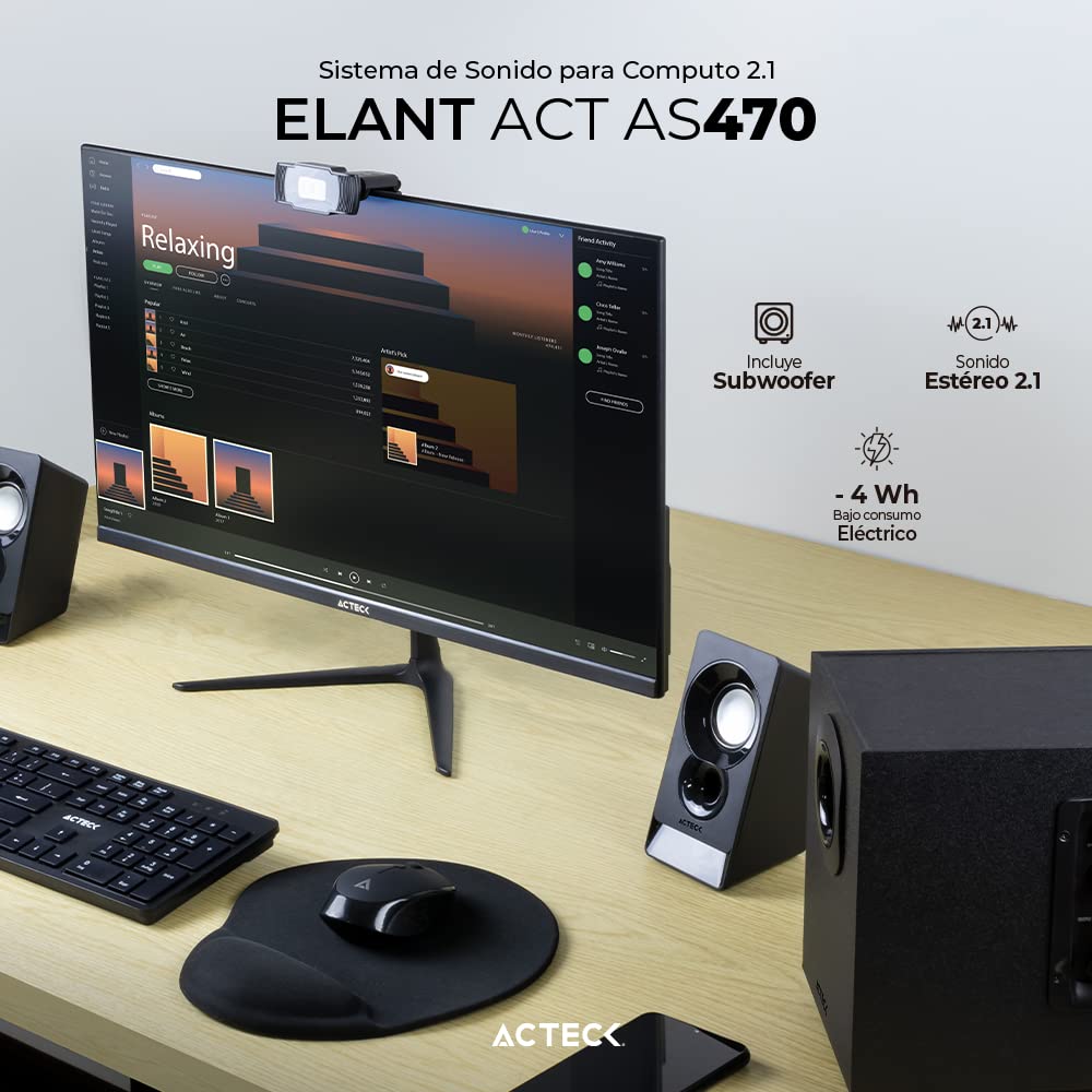 Acteck Sistema de Sonido Elant Act AS470 2.1 Ch + Subwoofer Alambrico Negro Advanced Series