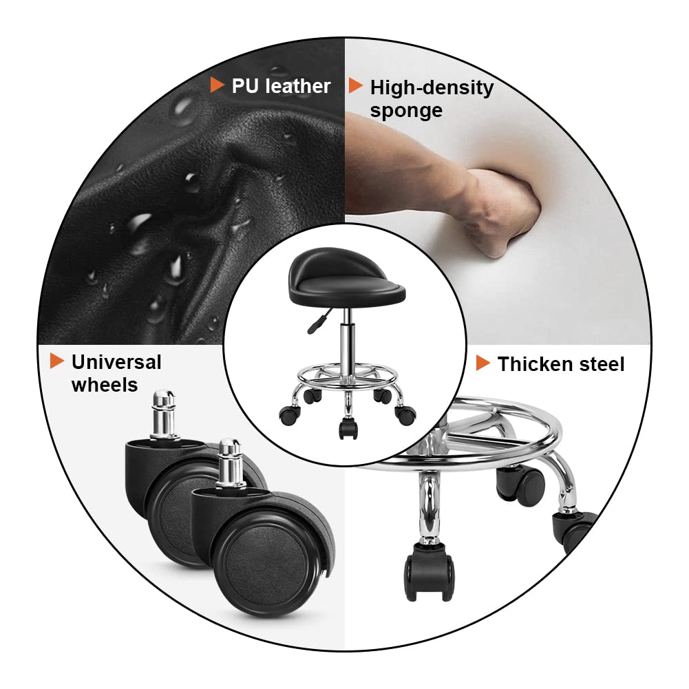 KKTONER Taburete de Cuero Artificial con Respaldo Giratorio Taburete con Ruedas de Altura Ajustable con Ruedas para Pintar Tatuaje Masaje SPA Tienda Taburete de Trabajo con Pedal (Negro)