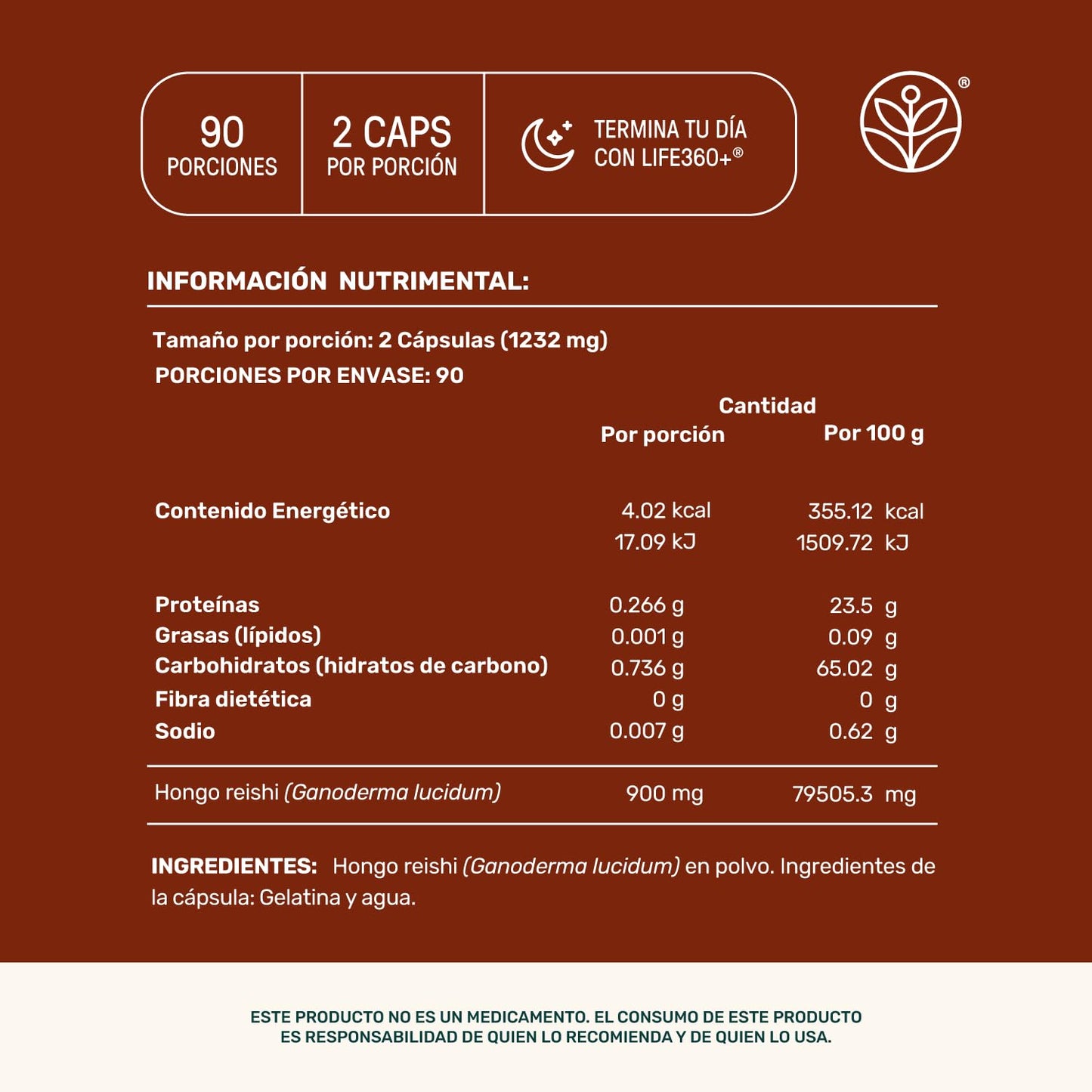 LIFE 360+ Reishi | Extracto Puro de Hongo Reishi en Cápsulas | 180 cápsulas 1232 mg por porción| 90 Porciones | Suplemento Alimenticio a Base de (Ganoderma Lucidum) en Polvo