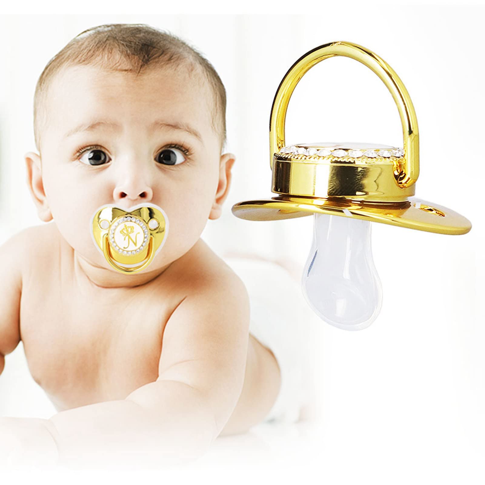 Chupete de bebé con letra dorada, chupete personalizado con clips para chupete y cubierta antipolvo para baby shower, fotografía de cumpleaños recién nacidos (N)
