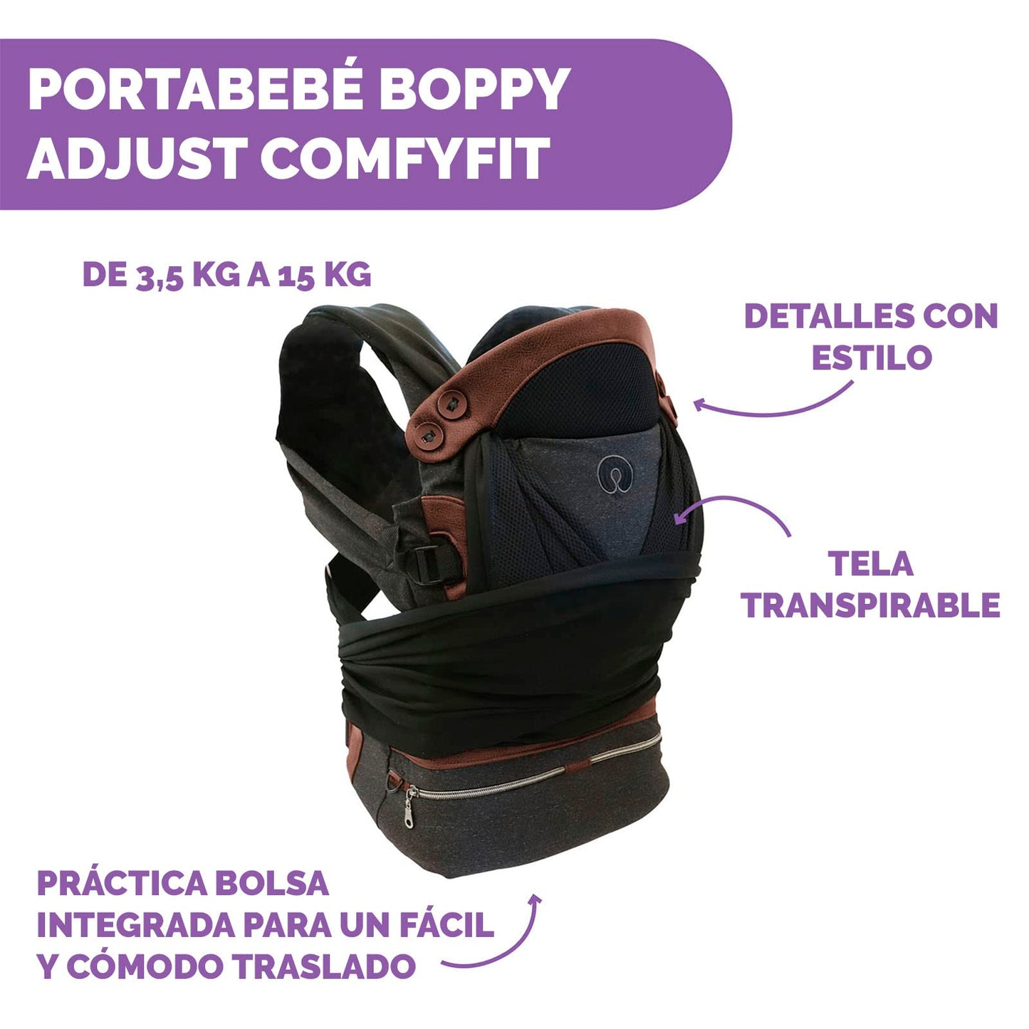 BOPPY, Canguro para Bebé Adjust Comfyfit, Portabebé Ajustable, Práctico y Seguro, Color Negro