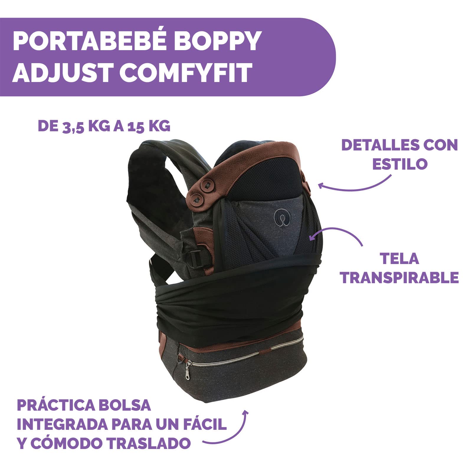 BOPPY, Canguro para Bebé Adjust Comfyfit, Portabebé Ajustable, Práctico y Seguro, Color Negro