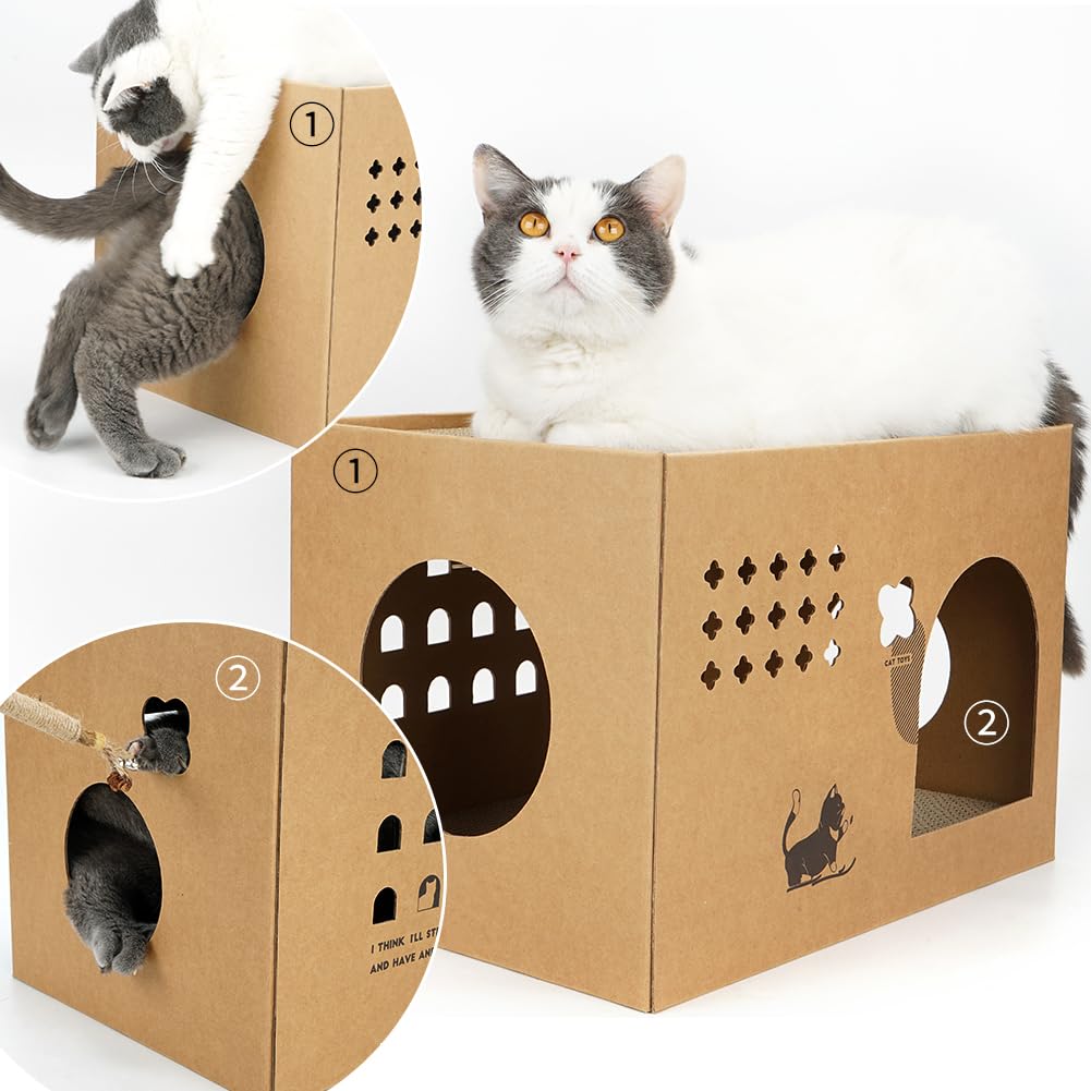 Casa de cartón para gatos con 2 almohadillas para orejas para rascar, cama grande para gatos rascadores para gatos de interior con cartón corrugado, caja rascador desmontable para gatos (Cactus)