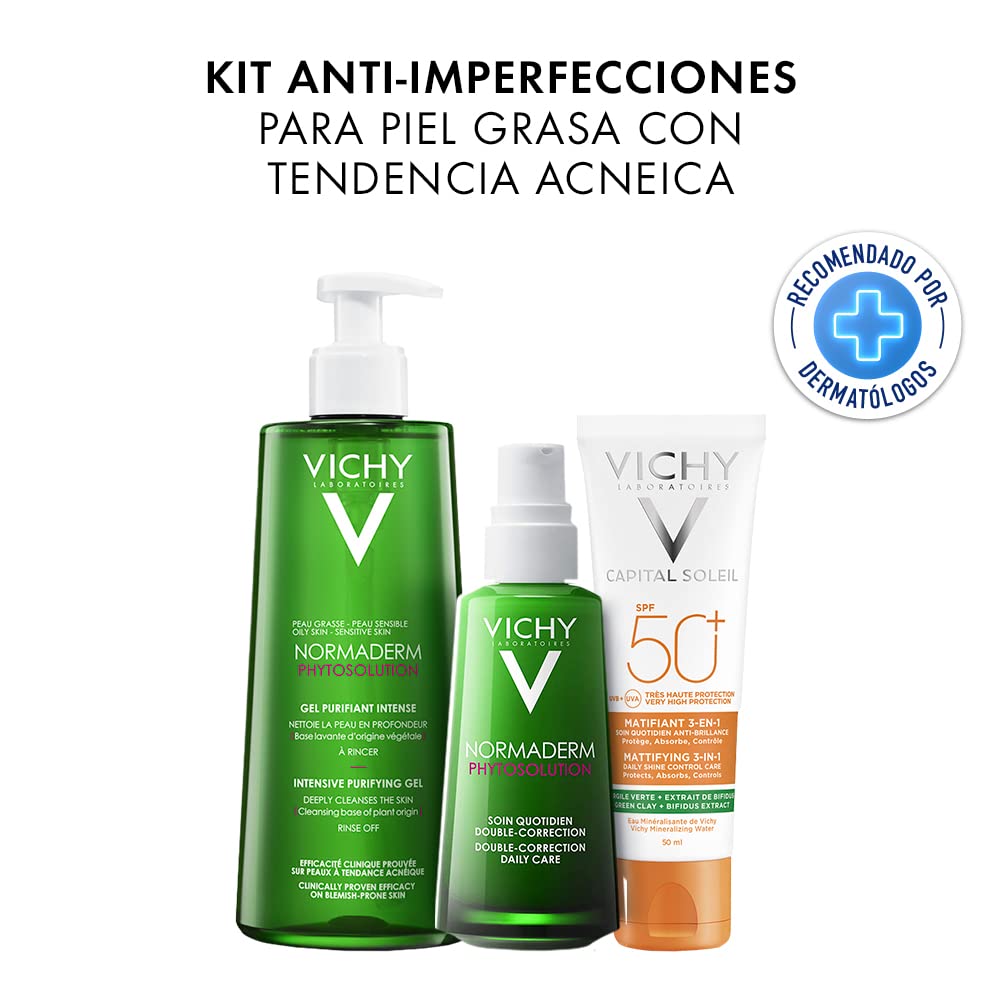 Kit anti acné: Gel Limpiador Normaderm Phytosolutions 400 ml+ Trataamiento anti-imperfecciones Phytosolutions 50 ml + Protector solar matificante Capital Soleil Mat 60 ml