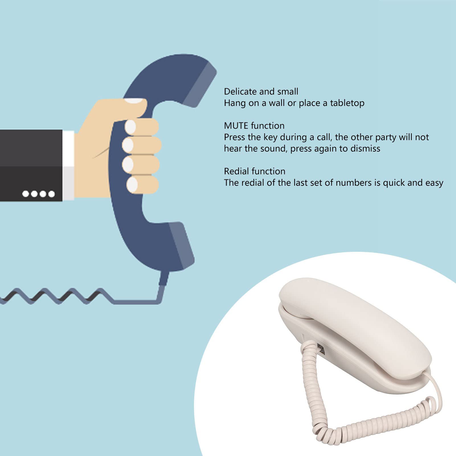 GUPE Teléfono Fijo con Cable, Enchufe de Teléfono de Pared Sensible Al Sonido Claro y Botones Grandes de Rellamada para Hotel para Oficina (Blanco)