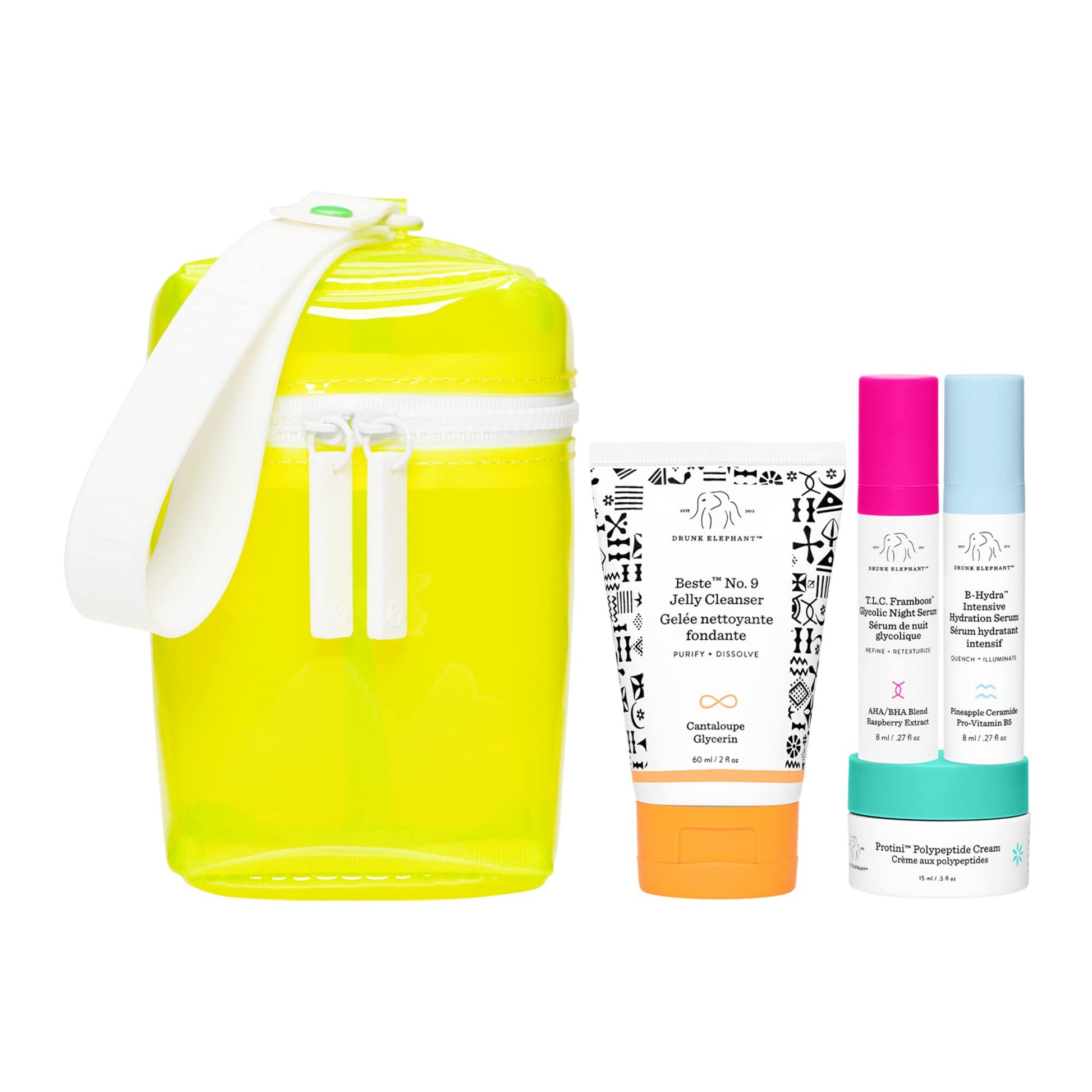Drunk Elephant Littles Night Out Evening Skin Kit - Juego de cuidado de la piel nocturna, mejor limpiador de gelatina No. 9, T.L.C. Framboos suero glicólico nocturno, suero de hidratación intensiva B-Hydra, crema de péptidos Protini