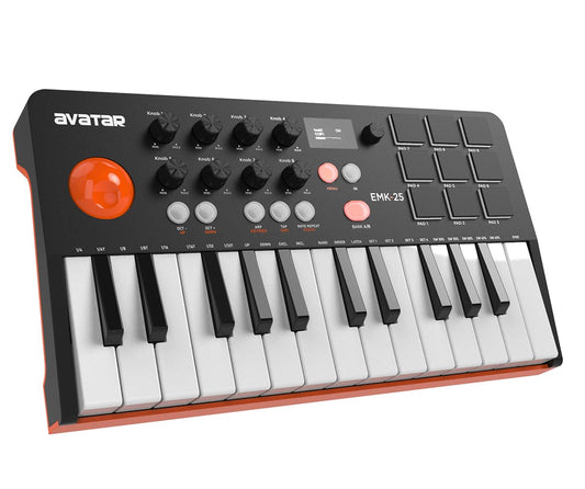HXW - driver de teclado portátil Bluetooth MIDI, con 25 teclas, 9 almohadillas para orejas retroiluminadas, visualización OLED, 8 perillas, software incluido, alimentación por USB/operación de batería