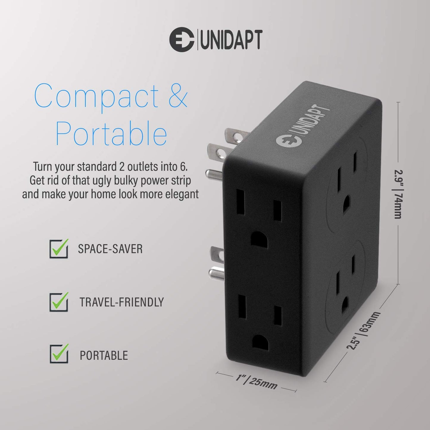 Unidapt Divisor de Enchufe múltiple, Caja extensora de Enchufe múltiple con 6 Tomas de Corriente, expansor de Enchufe de Pared para hogar, Oficina, Hotel, recámara, Paquete de 2 Unidades Negro