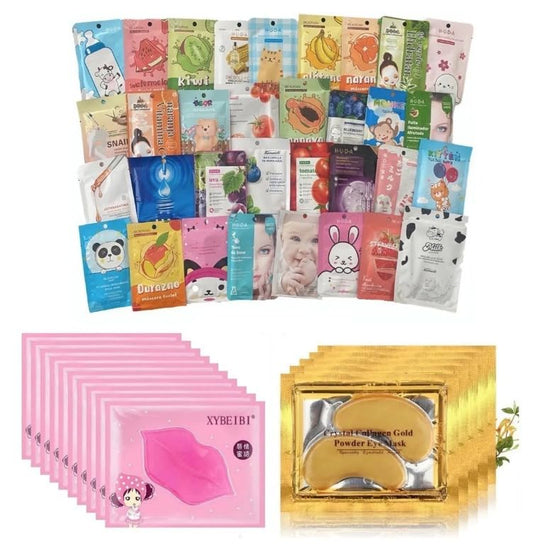 Paquete de 10 Mascarillas Coreanas Hidratantes +10 Pares de Parches Labios Colágeno +10 Pares de Parches para Ojos Ojeras, Ideal para el cuidado facial, Rejuvenecedoras, Antienvejecimiento, Antiarrugas