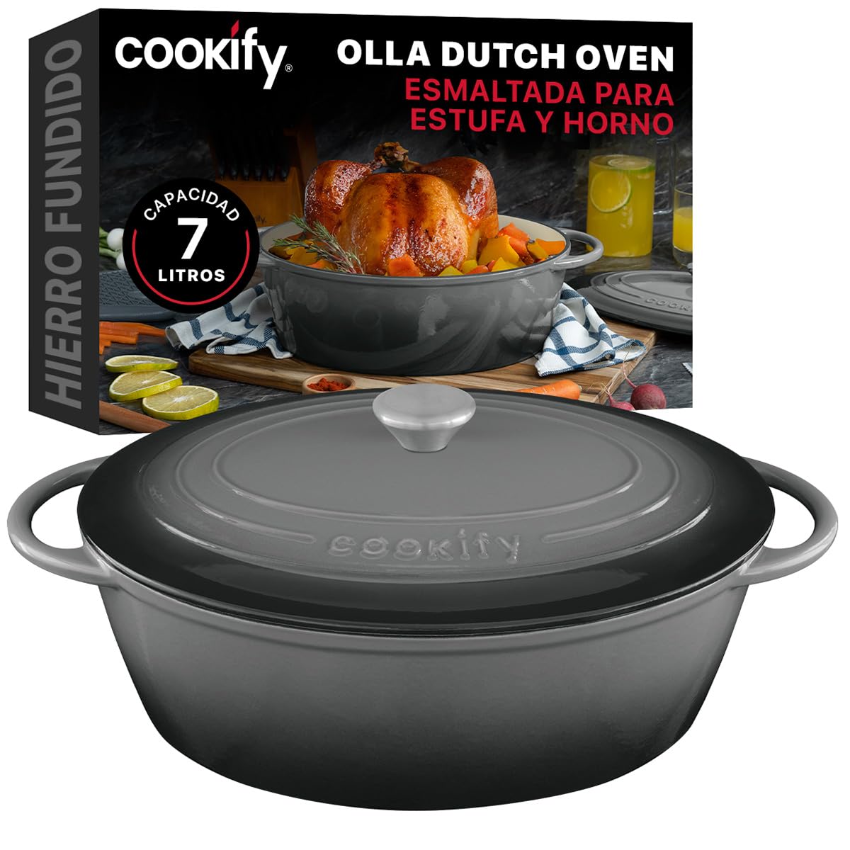 Cookify Olla de Hierro Fundido Esmaltado para Horno y Estufa, Horno Holandés Capacidad 7 Litros Dutch Oven (Gris, 35 cm)