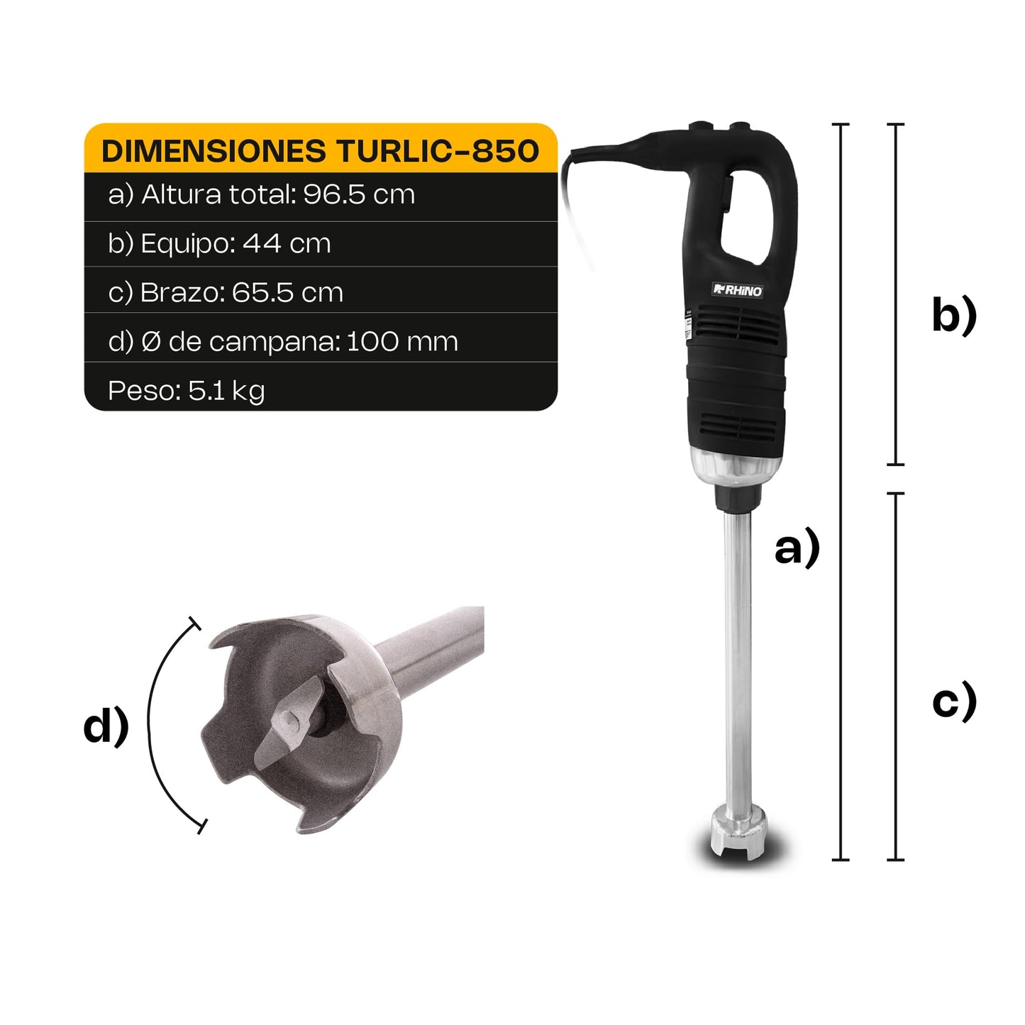 Licuadora de Mano RHINO Acero Inoxidable Grado Alimenticio 650W Velocidades Variables