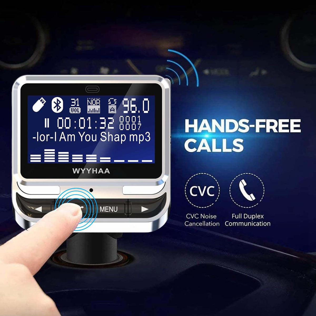 Transmisor FM WYYHAA Bluetooth 5.0 Negro con Reproductor de Música y Cargador para Coche