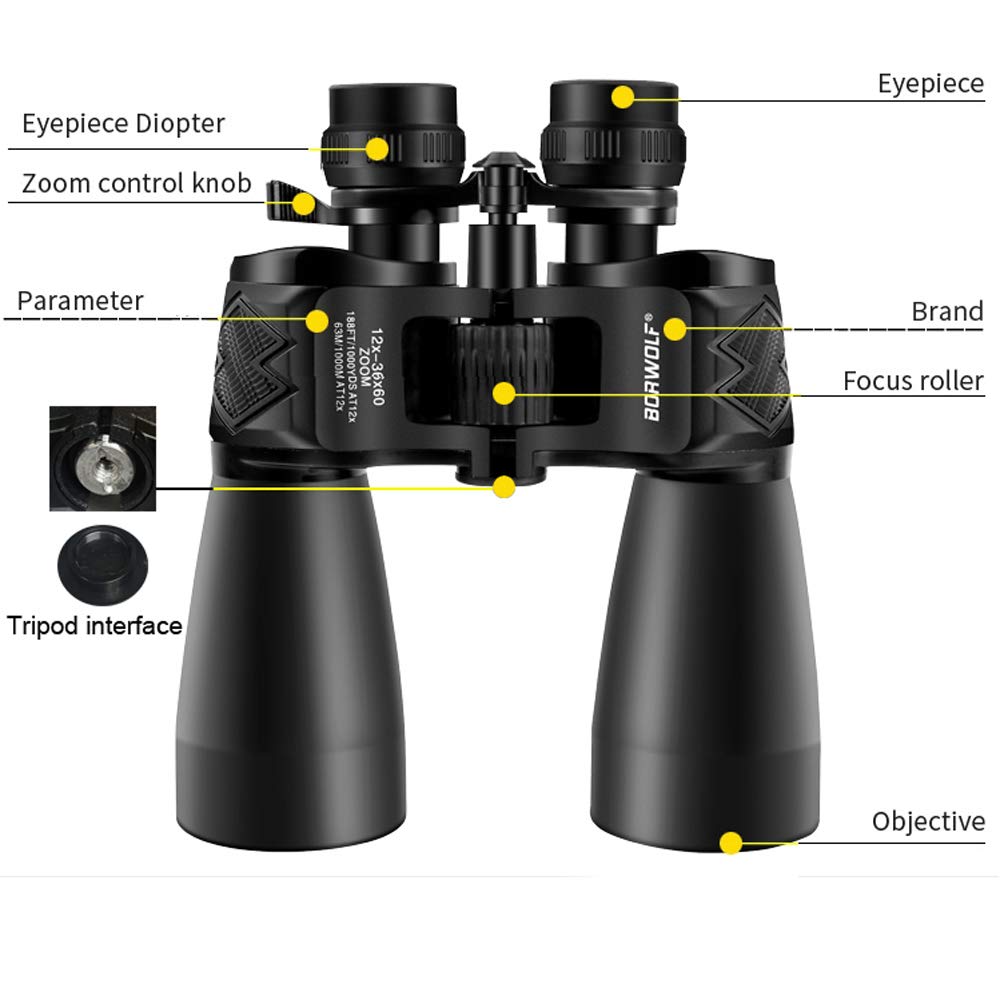 BORWOLF - Prismáticos profesionales de alta ampliación HD de 12 a 36 x 60 pulgadas, telescopio de caza al aire última intervensión, prismáticos de alta potencia para observación de aves