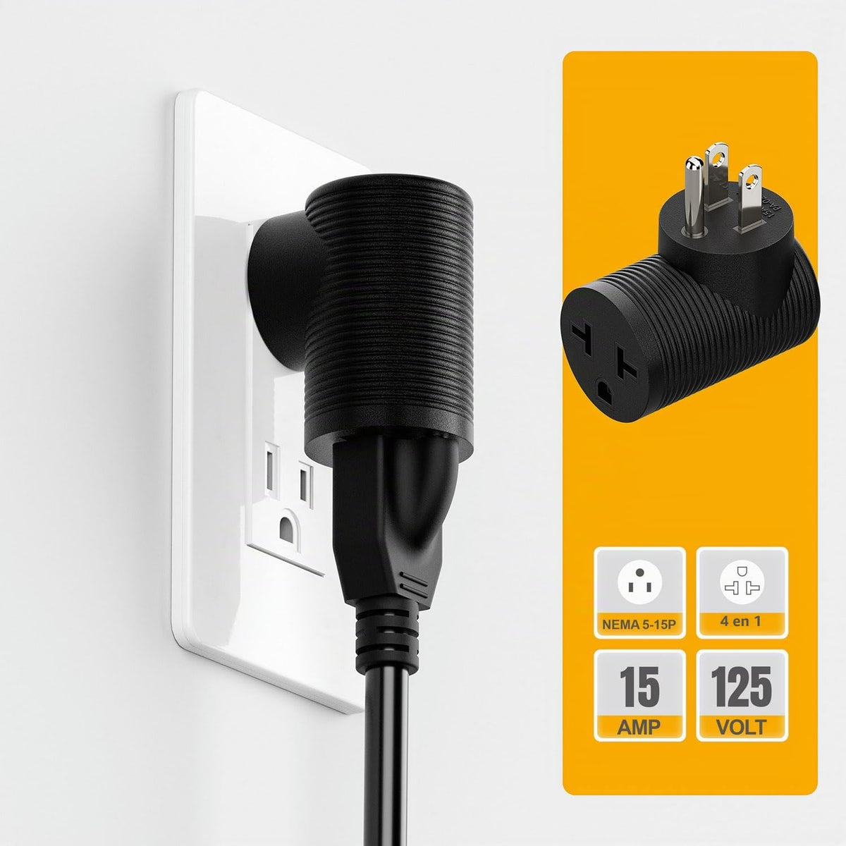 Adaptador de Corriente Plugrand Negro 4 en 1 90 Grados 15A a 20A