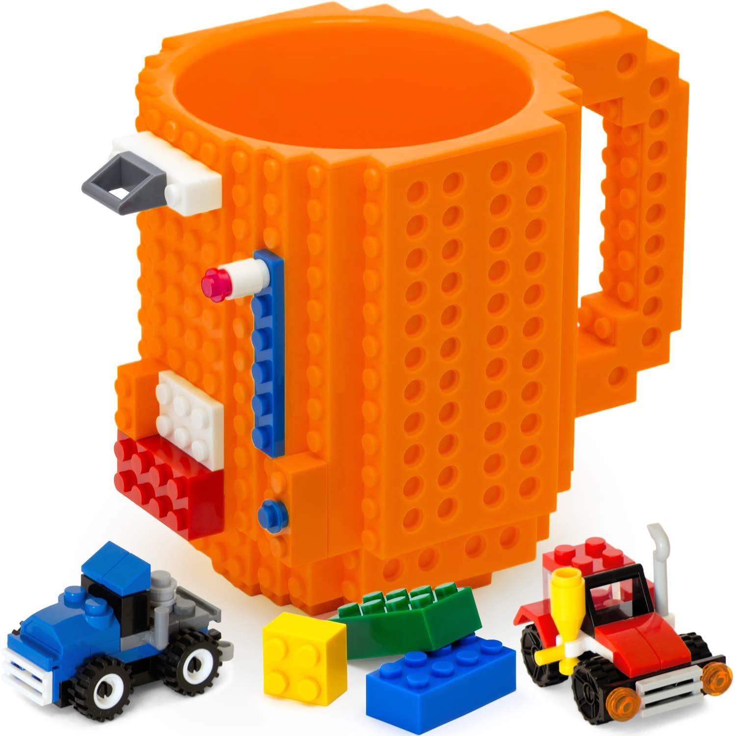 John & John Taza armable de diseño Divertido para Ladrillos, Incluye un muñeco y 2 Sets de Bloques de construcción para Jugar (10 Colores) - Naranja