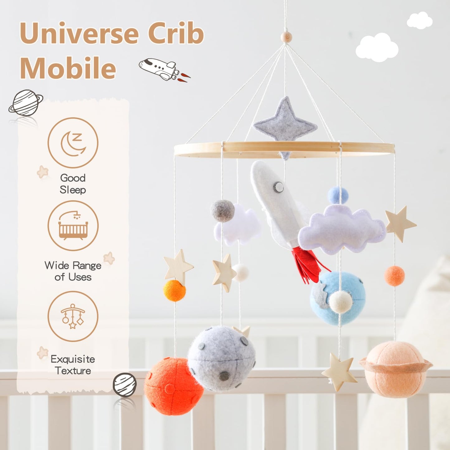 Móvil para cuna de bebé para niños y niñas, Móvil de fieltro de madera para cuna, con temática espacial de astronauta, decoración de cama de bebé, móvil para cuna, regalo para decoración de niños