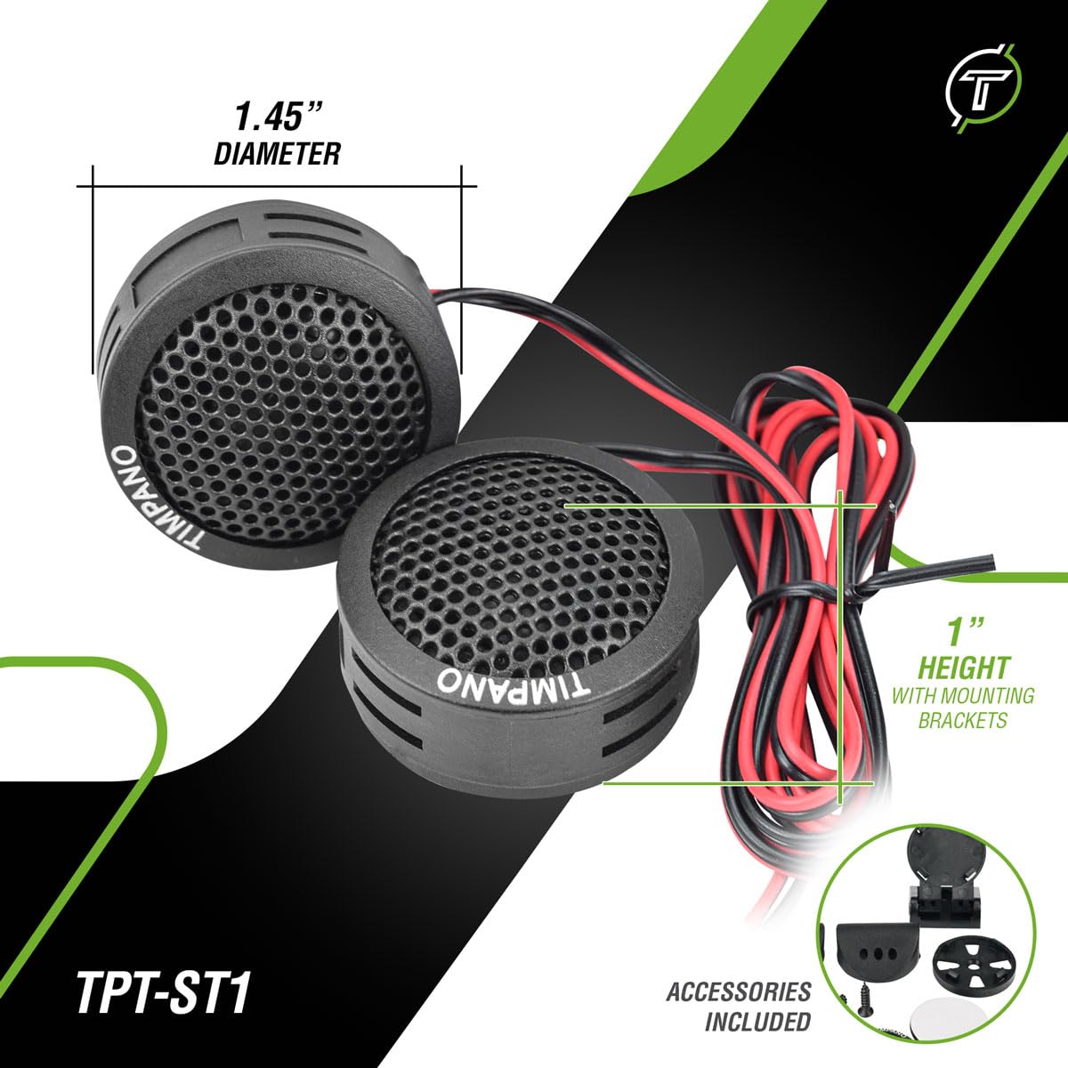 Timpano TPT-ST1 - altavoz de agudos de cúpula TPT-ST1, juego de altavoz de agudos de 1 pulgada para audio de coche, ángulo o montaje en superficie, cúpula suave de 4 ohmios, 180 vatios para audio
