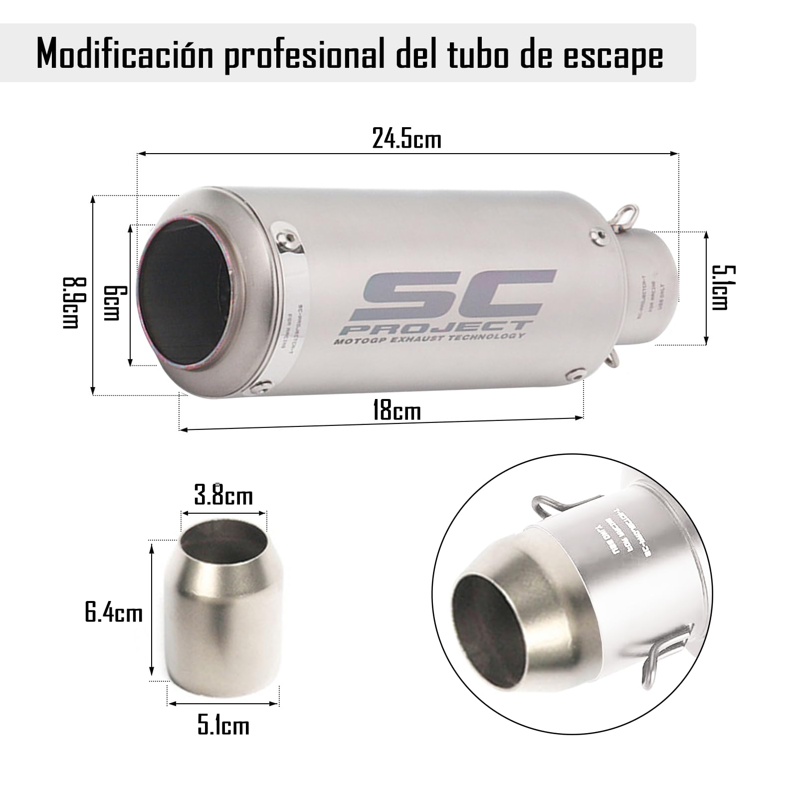 IOAGSVW Escape de Moto, Tubos de Escape Universal de 51mm, Tubo de Escape de Acero Inoxidable para Motos, Dirt Bikes, Street Bikes, Scooters, Atvs Y Más