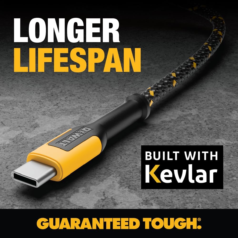 DEWALT Cable de carga USB C - Cable trenzado reforzado para USB-C a USB-C - Carga rápida de tipo C - Cable de tipo C a tipo C - Cable de carga rápida de tipo C - 4 pies.