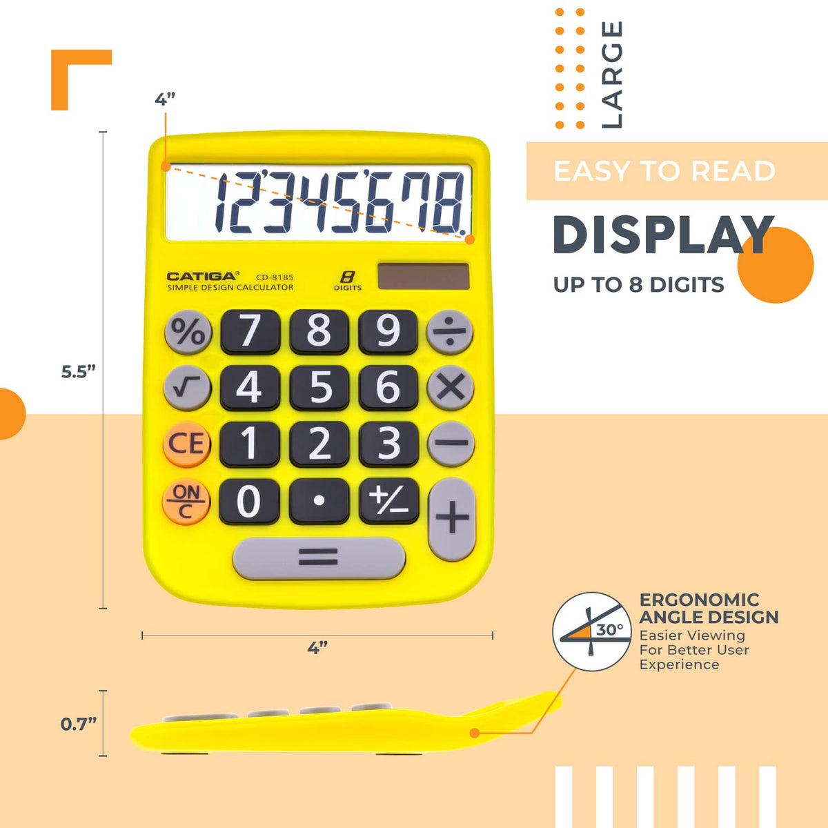 Calculadora CATIGA Negra Solar 8 Dígitos con Pantalla LCD y Botones Grandes para Oficina y Hogar