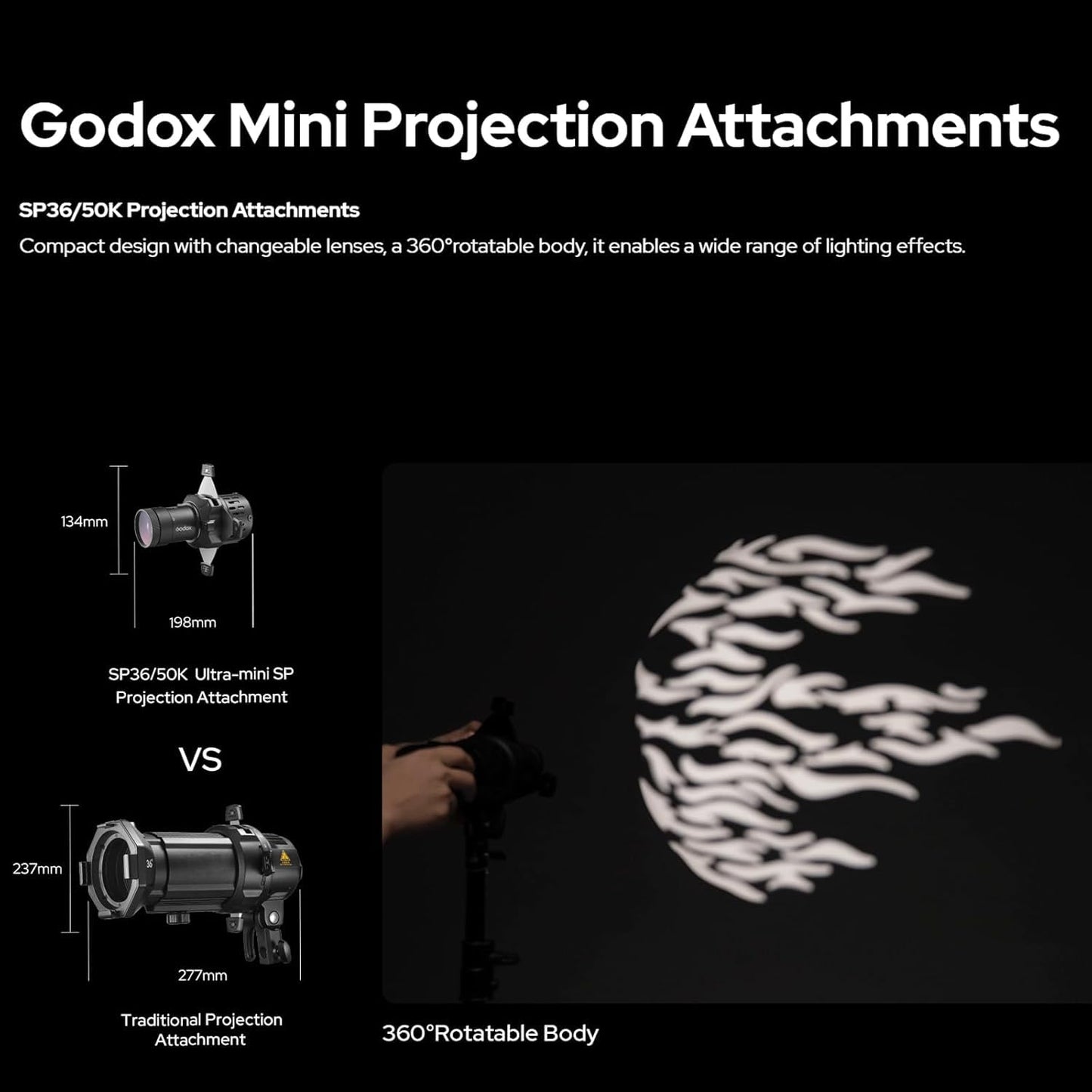 Godox SP50K - Proyector proyector de 50° para luz de video MS60R/RS60R/MS60BI/RS60BI, incluye lente, gobos